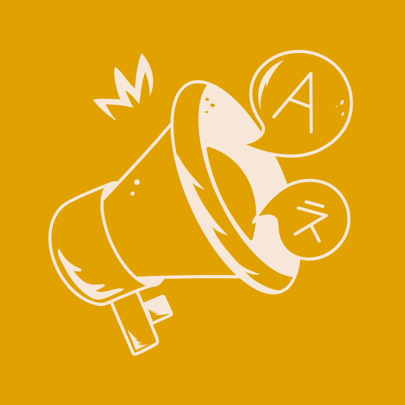 Picto représentant un mégaphone dont s'échappe deux bulles de textes en différents langues