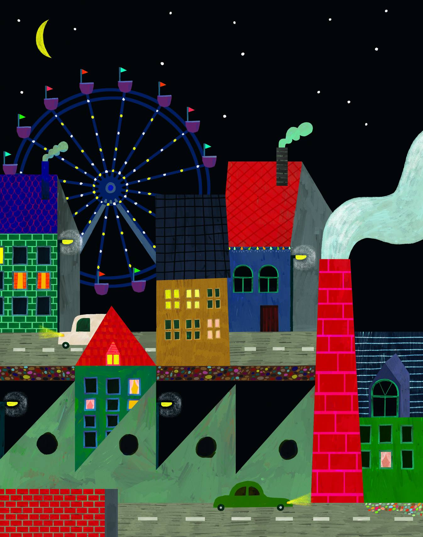 Dessin/collage représentant une ville de nuit vue de profil avec une grand-roue en arrière plan