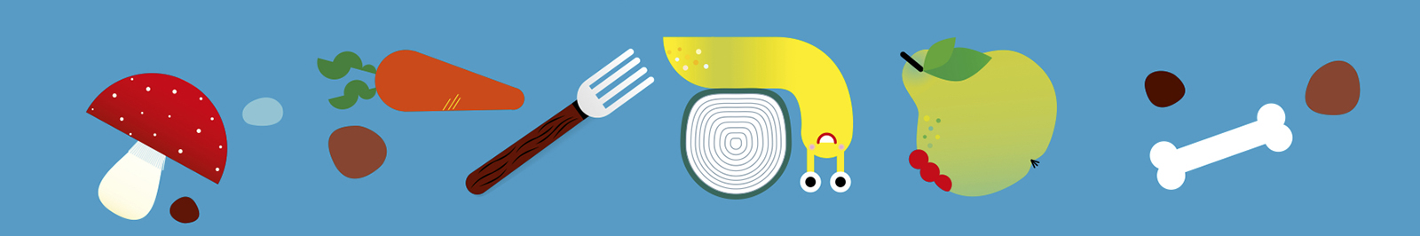 Frise présentant toute une série de dessins réalisés par Anne : un escargot à l'envers, une poire, une spatule, un champignon...