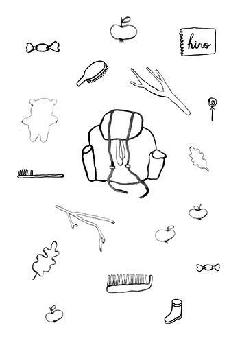 Image à colorier comportant un sac à dos et des accessoires issus de Hiro, hiver et marshmallows (Ed. Versant sud)