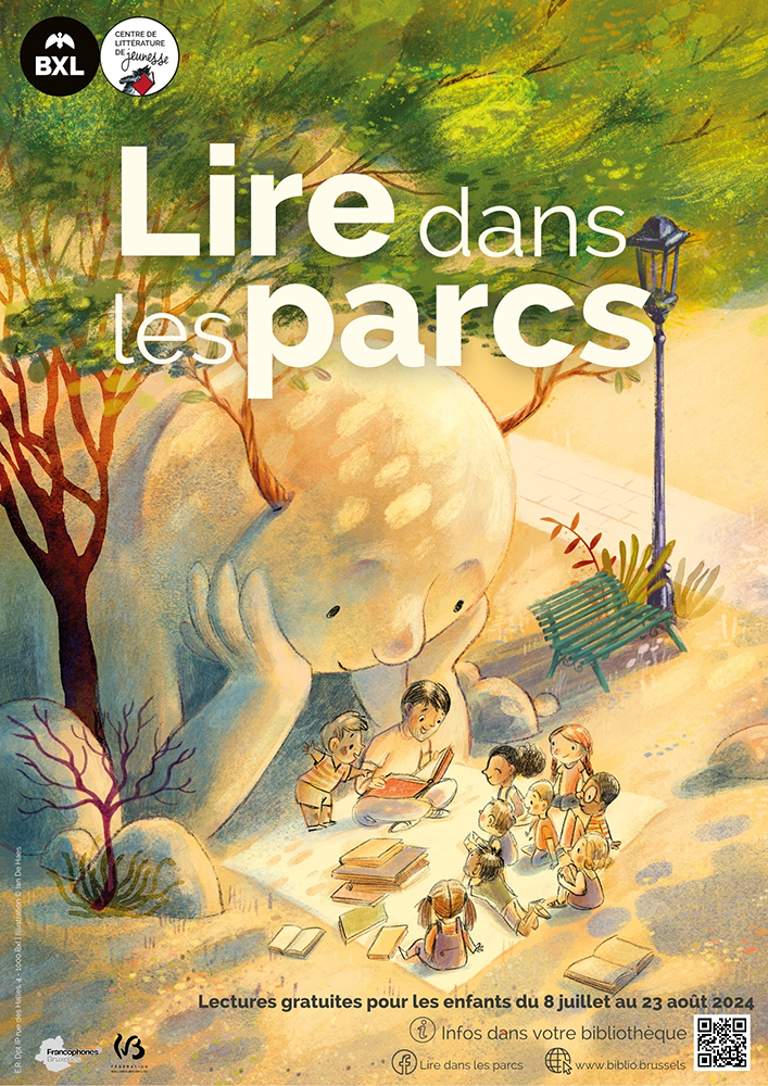 Affiche pour l'opération Lire Dans les Parcs 2024 qui se déroulera en juillet et août 2024 dans les parcs de Bruxellois