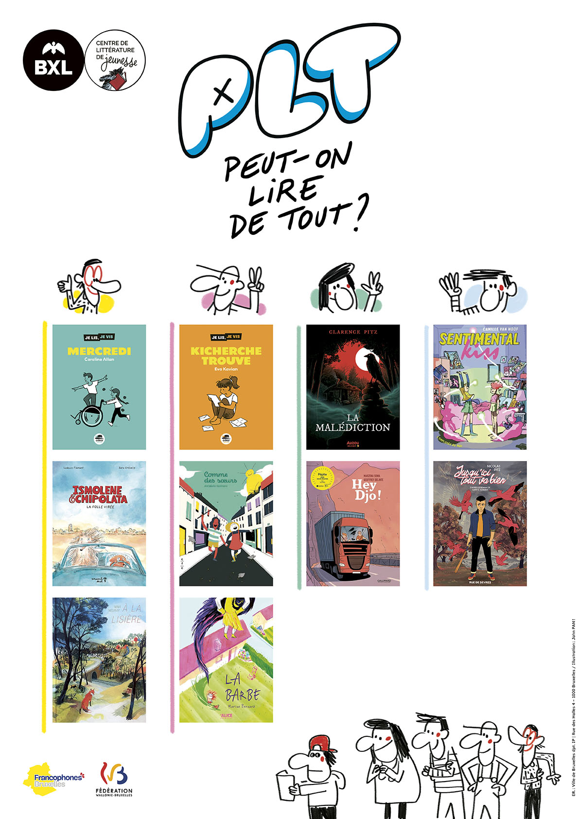 Affiche de l'opération PLT2025-26 ou Peut-on lire de tout ? Elle comporte les couverture des ouvrages sélectionnés dans les 4 catégories